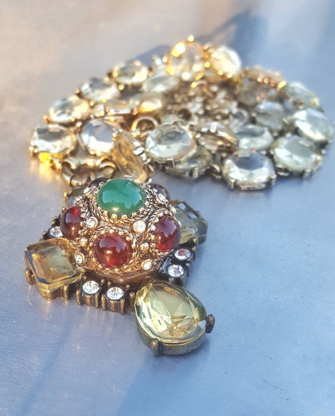 Unique assemblage necklace, chunky crystal necklace, statement pendant necklace, big cross necklace, vintage style, religious jewelry