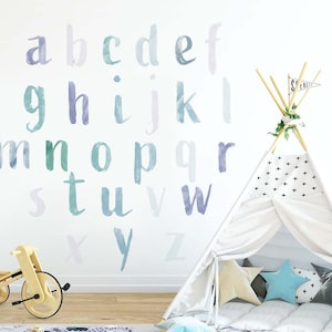 Calcomanía de pared de letras minúsculas de arco iris azul, pegatina de pared del alfabeto, vivero de niños, abc 123