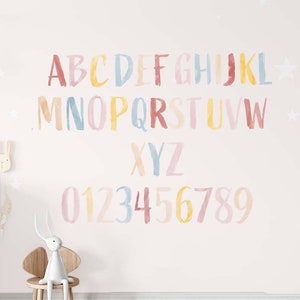 Calcomanía de pared con letras mayúsculas en colores pastel ABC 123, calcomanía de pared del alfabeto,
