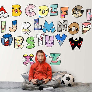 Décalcomanie murale alphabet personnages Poké, art mural ABC pika poke