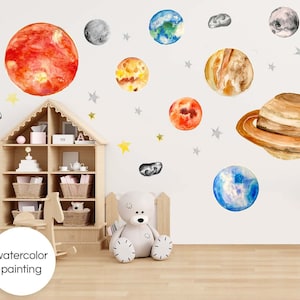 Adesivos de parede aquarela sistema solar - planetas espaciais terra - asteróides sol lua, aquarela pintada à mão