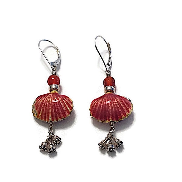 Red Enamel Shell, Silver and Carnelian