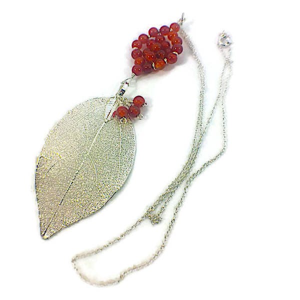 Silver Necklace with Red Agate Beaded Pendant and Real Silver Leaf