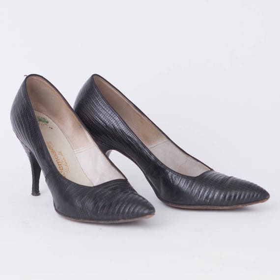 1960s Vintage Black Reptile Pumps, Women's Size 7 B, 3 12 1960s Vintage Black Reptile Pumps, Women's Size 7 B, 3 12