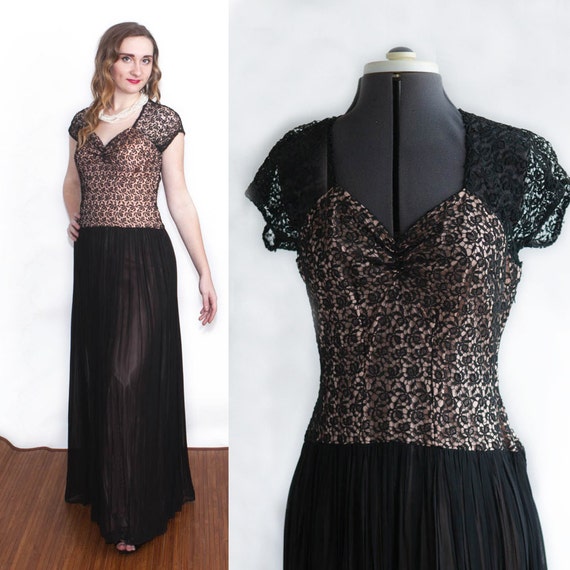 1940s Black Chantilly Lace Full Length Dress 1940s Black Etsy