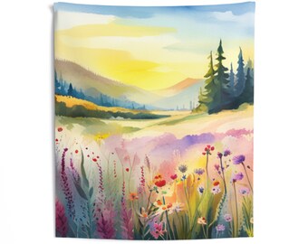 Tapiz de campo de flores silvestres / Arte mural floral en acuarela
