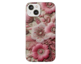 Funda floral coqueta para iPhone, flores bordadas de imitación, funda rosa preppy