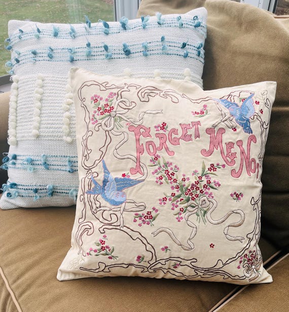 Floral Pillow Cover, Embroidered Pillow Cover, Forget Me Not Pillow, In Memory Pillow, Whimsigoth Throw Pillow, Cottagecore Pillow Cover