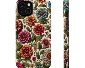 Funda floral vintage para iPhone con zinnias bordadas y compatible con MagSafe