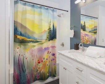 de douche fleurs sauvages | Décoration florale colorée pour salle de bain | Blanc Vert Bleu Rouge Jaune | Fleurs de jardin esthétiques