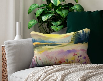 Cojín lumbar con flores silvestres en acuarela / Decoración floral para el hogar