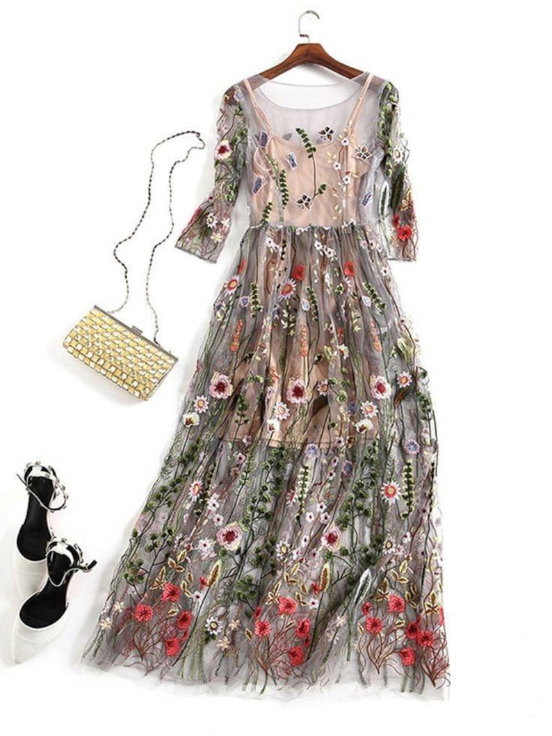 Bridal Dress/ Embroidered Tulle Dress/ Flowers Tulle Dress/ Etsy