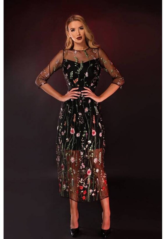Flowers Lace Dress/ Black Flowers Dress/ Black Lace Dress/ Etsy