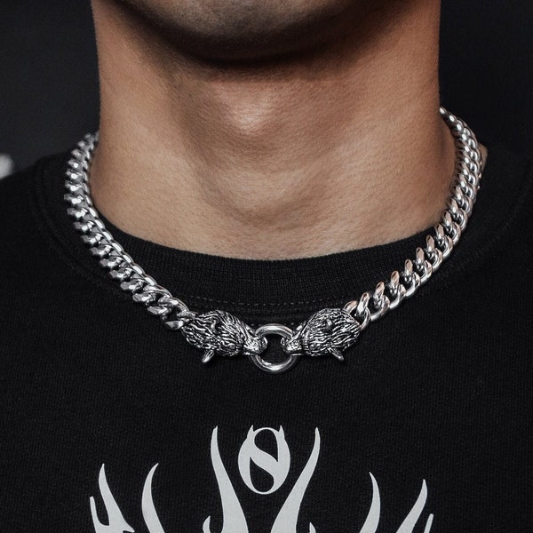 Miami Cuban Wolf Head Locking System Necklace / 18K Stainless Steel / Men Women Cerberus Chain Necklaces Gift / Unisex Jewelry