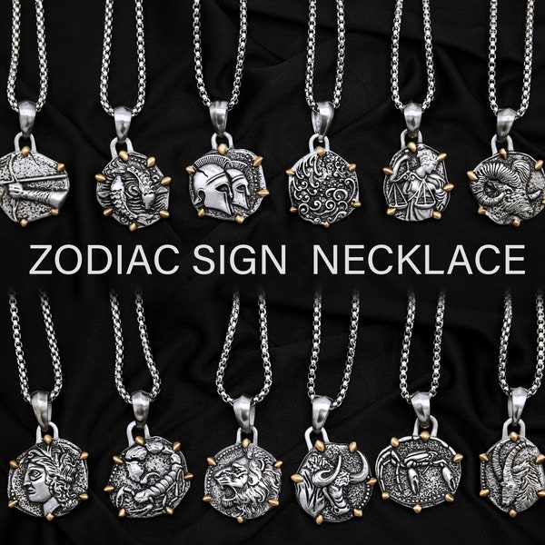 Silver Zodiac Necklace / Zodiac Sign Charm Horoscope / Men Women Chain Necklaces Gift / Unisex Jewelry