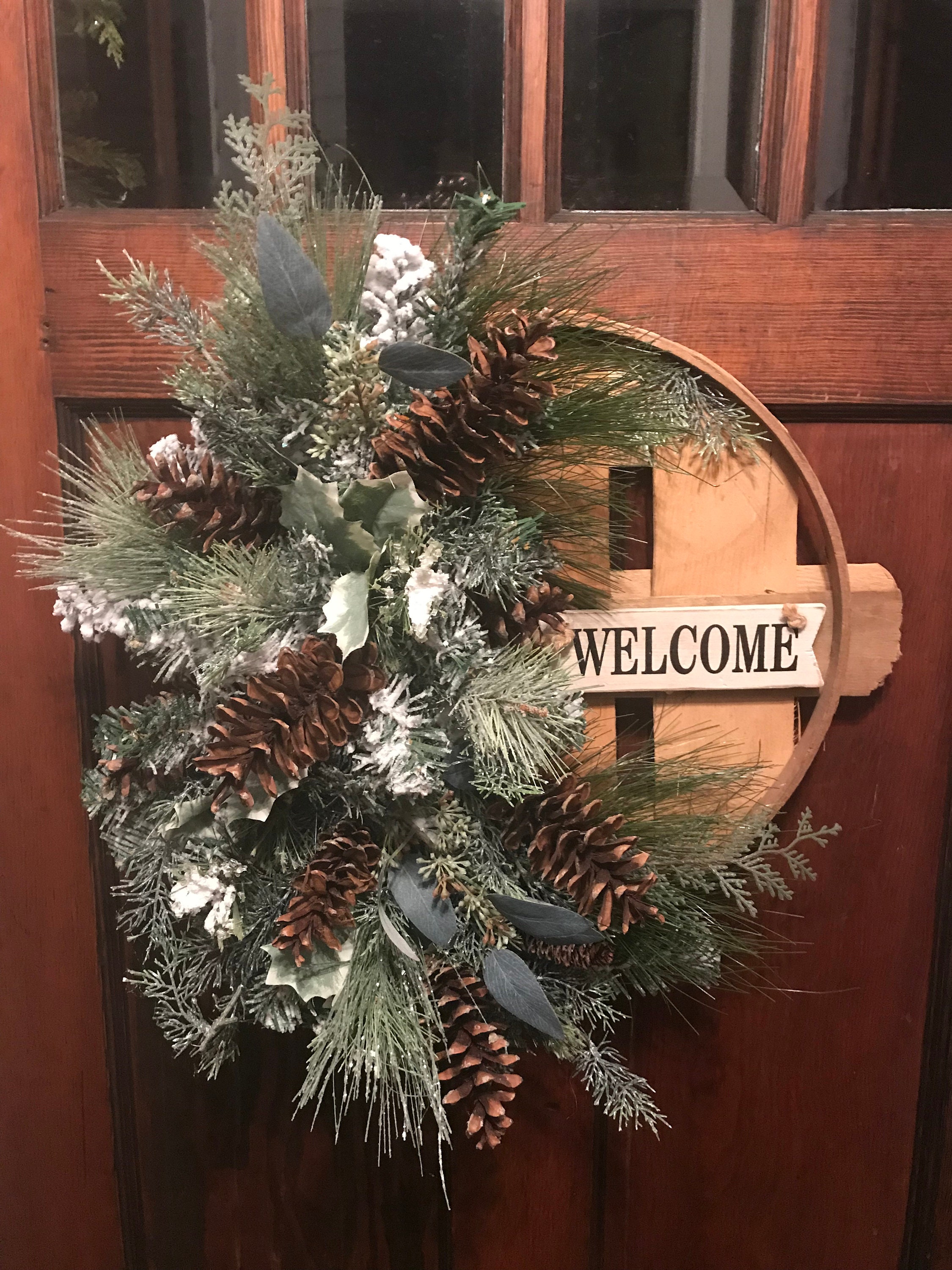 Unique Basket Lid w/ welcome sign Pine winter Wall Hanging | Etsy