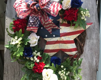 Patriotic Farmhouse Stars and Stripes Grapevine Wreath for Door, Wreaths, wreaths for front door,  navy Red, White & Blue Wreaths,