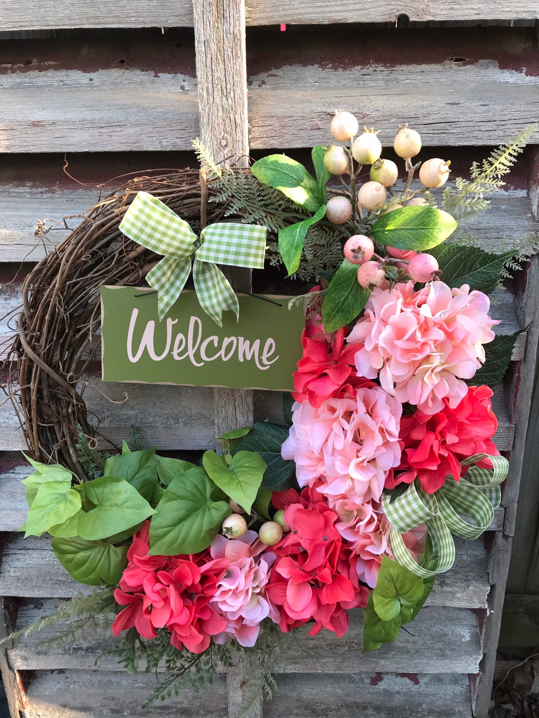 Spring Coral and Green Hydrangeas on Grapevine Wreath for - Etsy