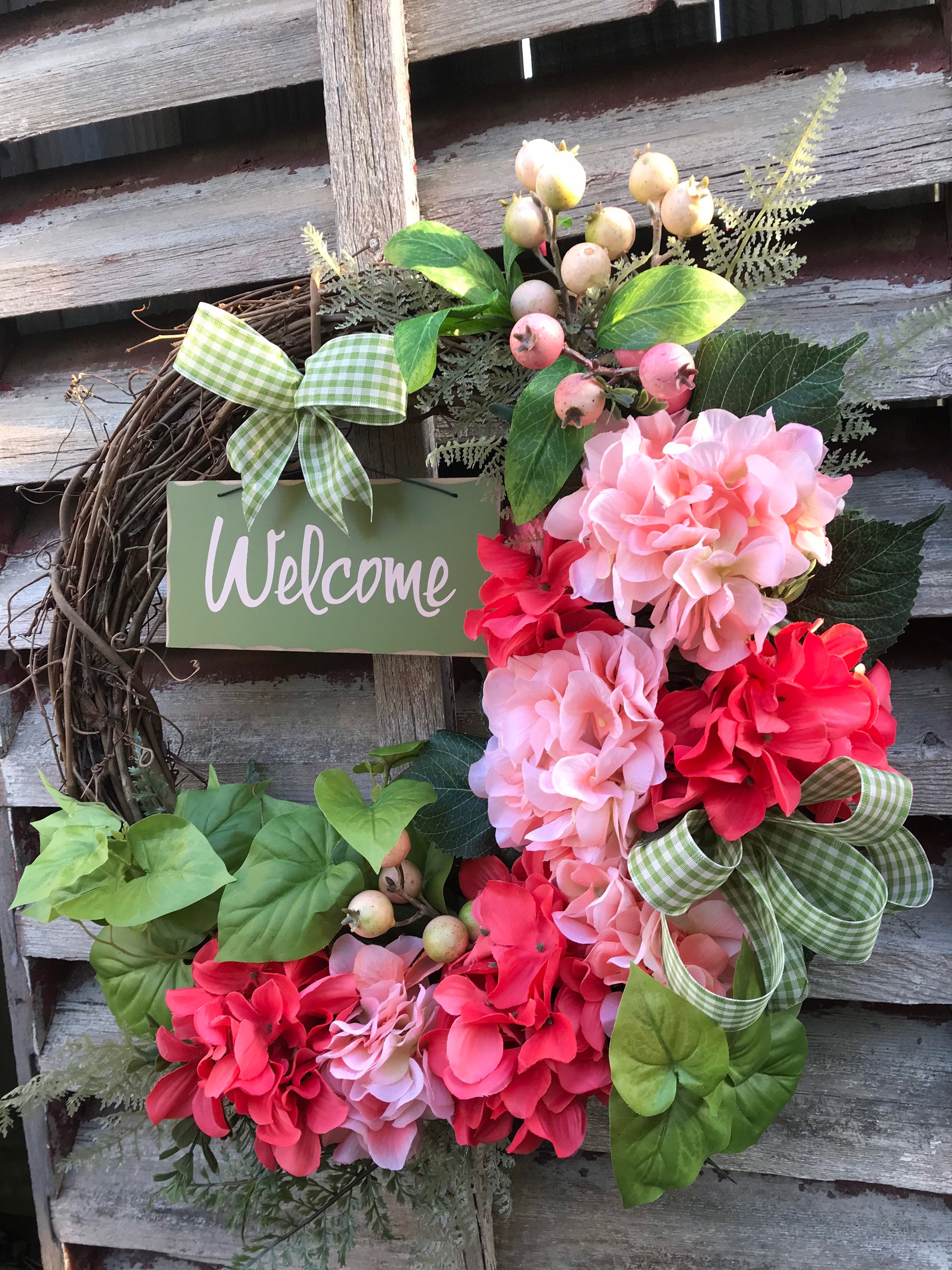 Spring Coral and Green Hydrangeas on Grapevine Wreath for | Etsy