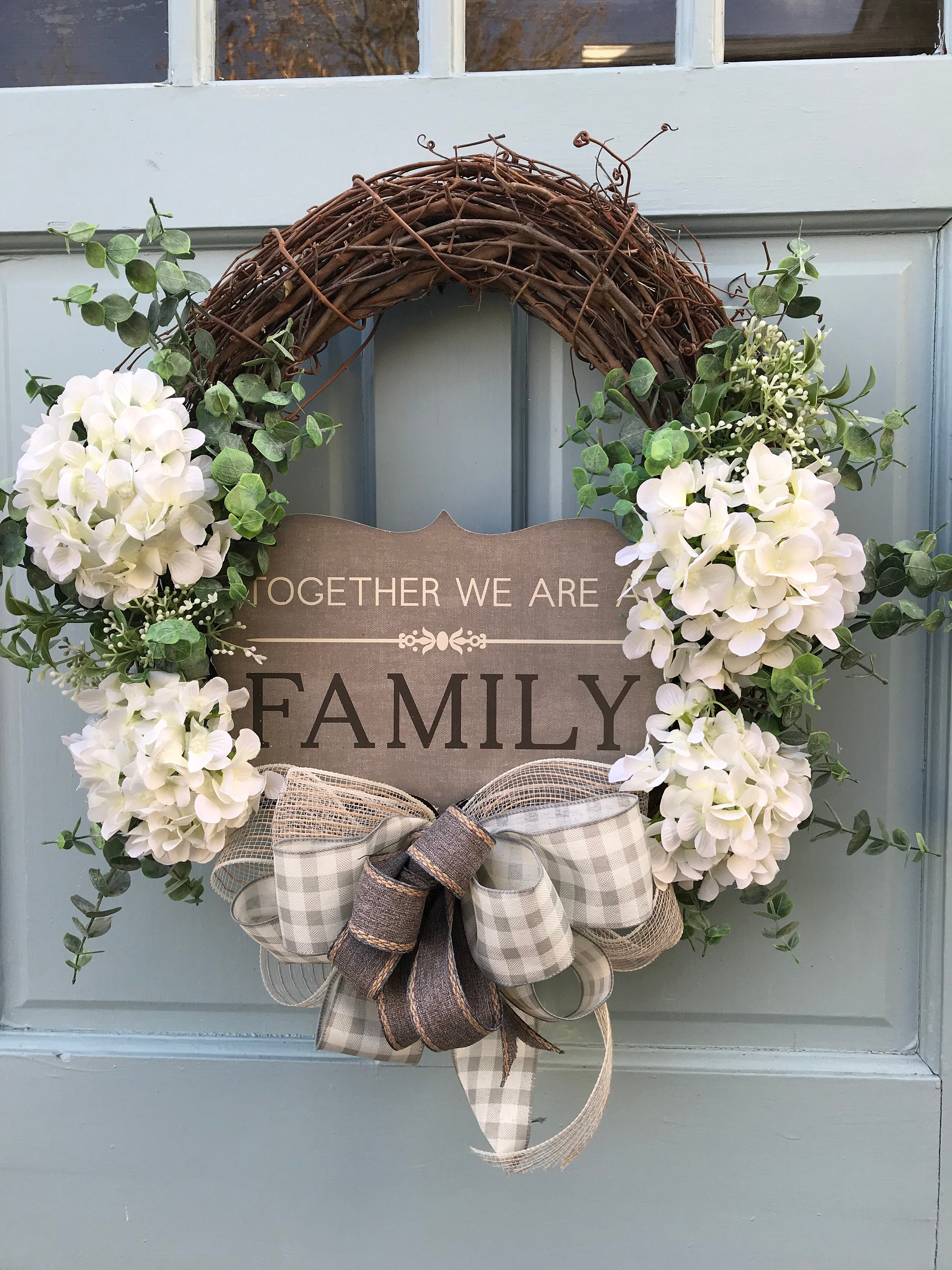 New Summer Farmhouse Boxwood Wreathhydrangea Summer Etsy In 2021 White Hydrangea Wreath Hydrangea Door Wreath Year Round Wreath