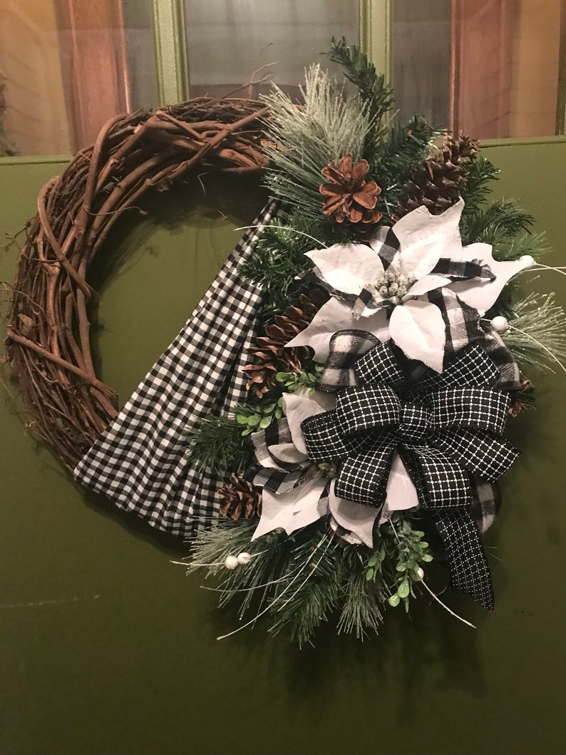 Black and White Poinsettias With Pine on Grapevine Wreath for Front ...