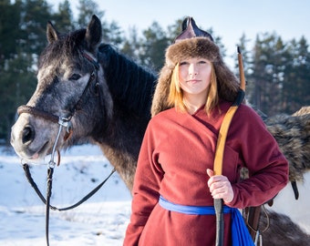 Mongolischer Deel, asiatischer historischer Wollmantel, Bogenschützenkostüm, mongolisches LARP cosplay