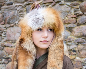 Mongolian Hat, Asian Leather and Fur Hat with Horse Tail, Fox Tails and Neck Cover