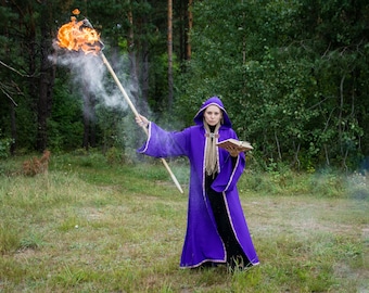 Wizard hooded mantle, mage sleeved cloak, sorcerer robe, witch cosplay, larp magician outfit