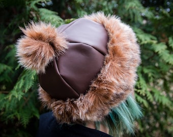 Leather Winter Hat with Fluffy Fur and Pom Pon