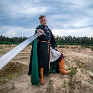 Peut inclure: Un homme v&ecirc;tu d'un costume m&eacute;di&eacute;val vert et noir tient une &eacute;p&eacute;e devant lui. Il se tient sur une colline sablonneuse avec une for&ecirc;t en arri&egrave;re-plan.