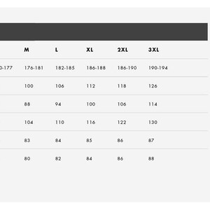May include: A size guide for men's clothing, with measurements in centimeters. The chart includes sizes XS to 3XL, detailing full length, bust/chest, waist, seat, inseam, and sleeve length from the neck. A silhouette indicates measurement points.