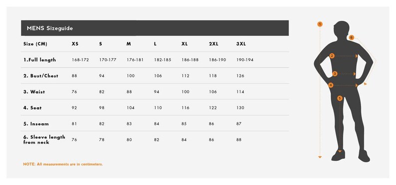 May include: A size guide for men's clothing, with measurements in centimeters. The chart includes sizes XS to 3XL, detailing full length, bust/chest, waist, seat, inseam, and sleeve length from the neck. A silhouette indicates measurement points.