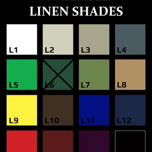 May include: A chart showing 16 different linen shades, labeled L1 through L16. The shades range from white to black, with various shades of green, brown, blue, red, and yellow.