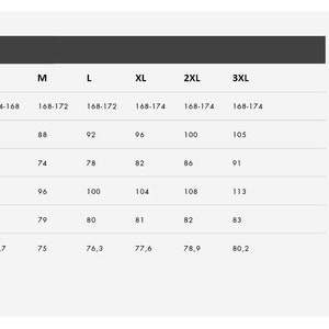 May include: A size guide for women's clothing, with measurements in centimeters. The chart includes sizes XS to 3XL, detailing full length, bust/chest, waist, seat, inseam, and sleeve length from neck. A silhouette illustrates measurement points.