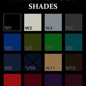 May include: A chart showing 16 different shades of wool, labeled W1 through W16. The shades range from black to white, with shades of blue, green, brown, red, and purple in between.