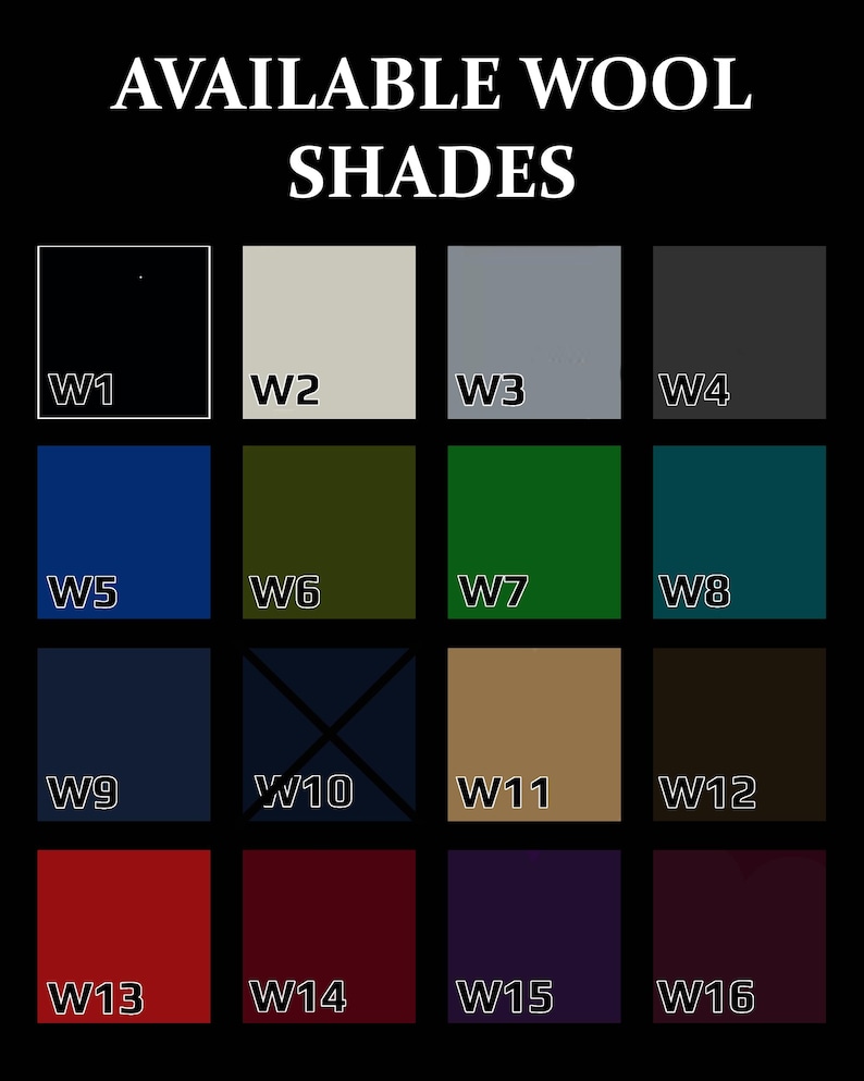 May include: A chart showing 16 different shades of wool, labeled W1 through W16. The shades range from black to white, with shades of blue, green, brown, red, and purple in between.