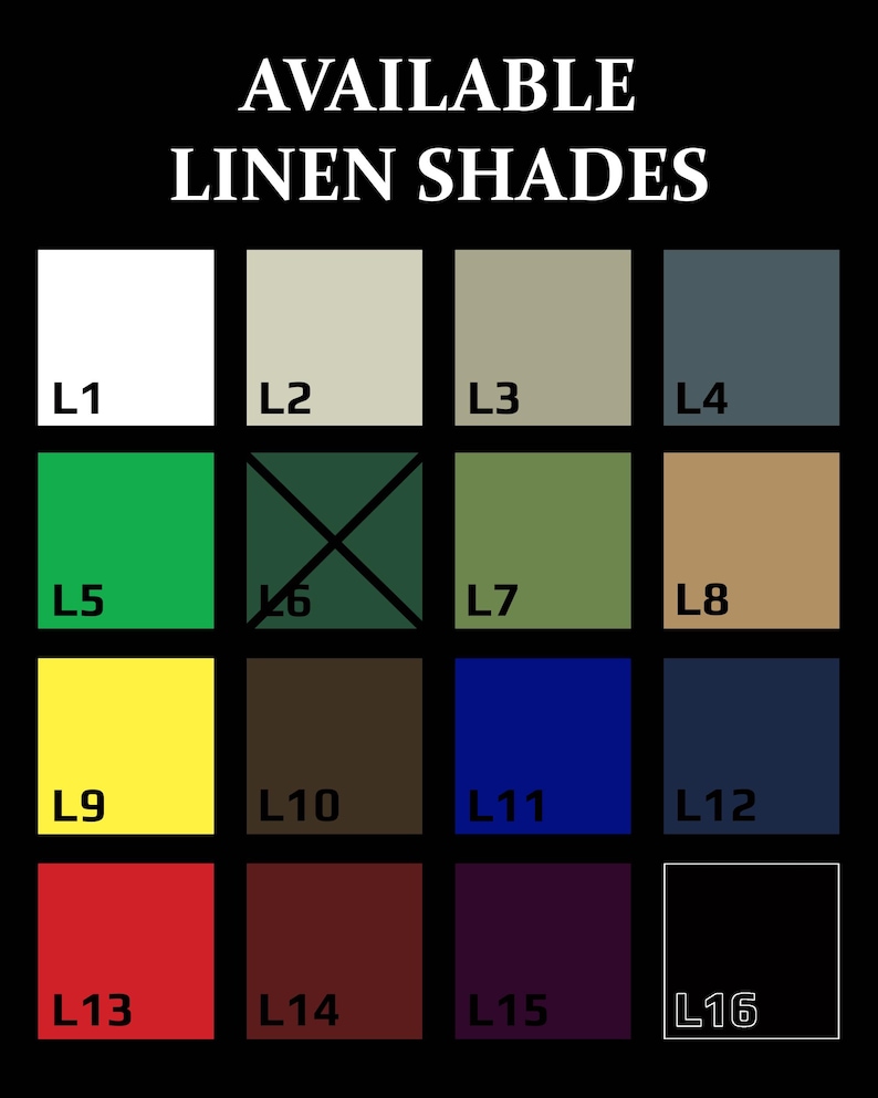 May include: A chart showing 16 different linen shades, labeled L1 through L16. The shades range from white to black, with various shades of green, brown, blue, red, and yellow.
