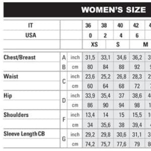 May include: A size chart for women's clothing with measurements in inches and centimeters. The chart includes measurements for chest/breast, waist, hip, shoulders, and sleeve length.