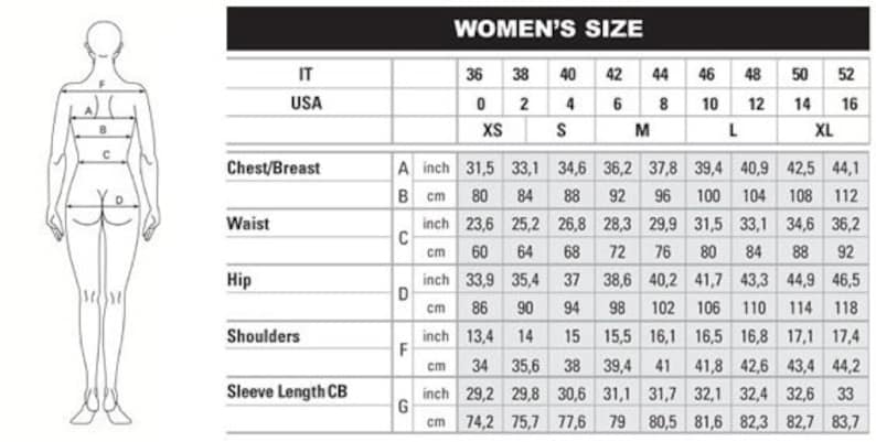May include: A size chart for women's clothing with measurements in inches and centimeters. The chart includes measurements for chest/breast, waist, hip, shoulders, and sleeve length.