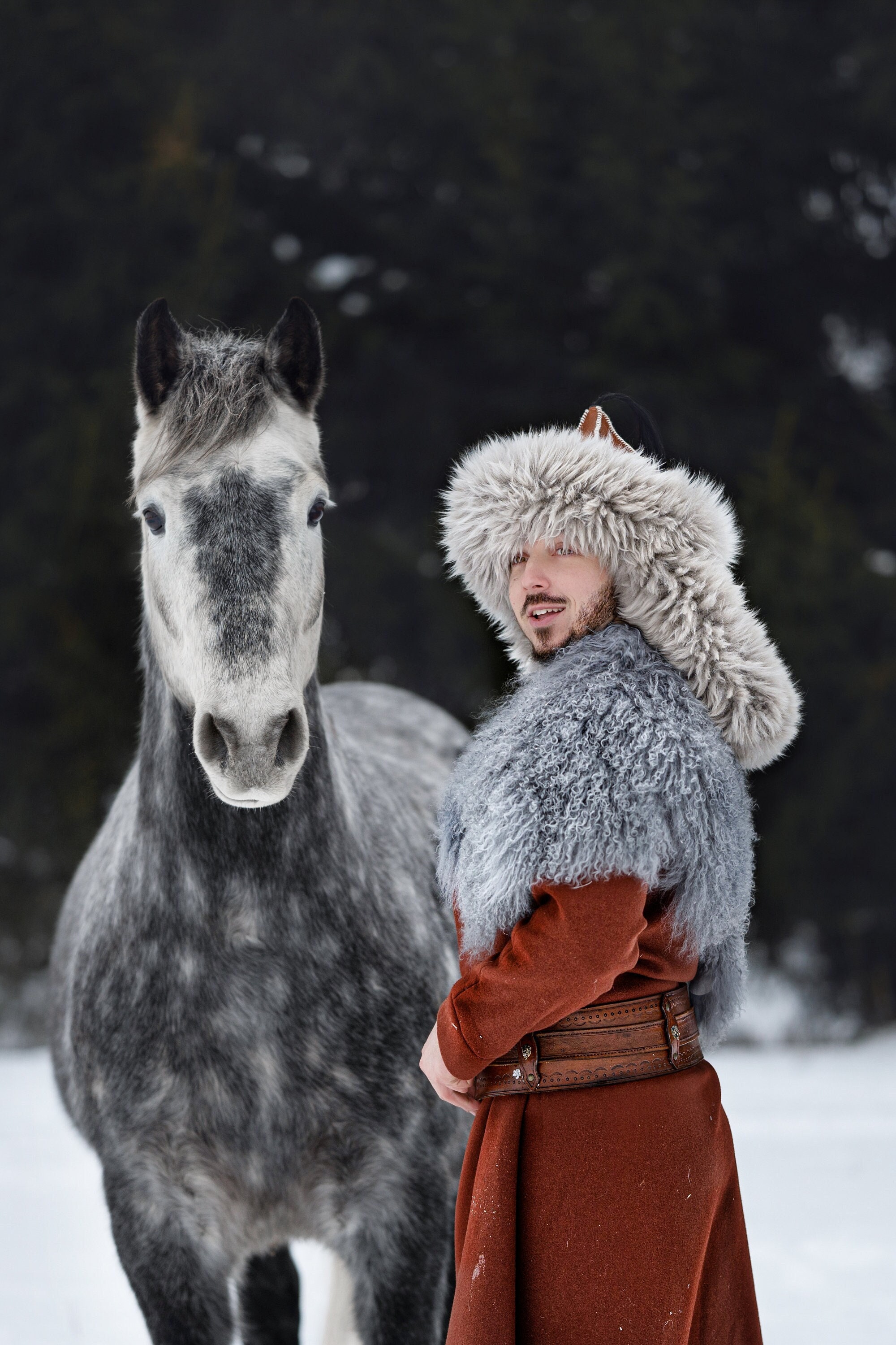 Mongolian Hat, Asian Leather and Fur Hat With Horse Tail and 