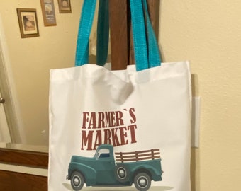 Tote Bag, Market Bag, Utility Tote, Classic Truck, Veggies, Boxed Contrasting Triple Layer Bottom, French Seams, 16 x 18 inches