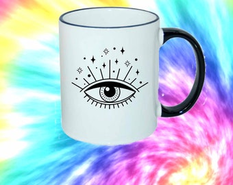 Seeing Eye, Celestial Boho Seeing Sun Eye, 11oz White Mug, 11oz or 15oz white mug with Black Trim, Personalization Available