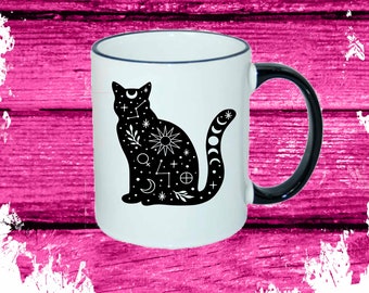 Black Cat, Boho and Celestial Cat on Mug, 11oz White Mug, 11oz or 15oz White Mug with Black Trim, Personalization Available