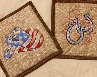 Potholder, Hot Pad, Furniture Protector, Kitchen Decor, Western, Cowboy Hat and Horseshoes, Insulated, Heat Resistant, Two Designs Offered