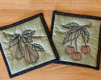 Fruit Potholder Set: Embroidered Pears & Cherries Kitchen Decor