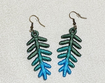 Earrings, Dangle, Variegated Fronds Design, Embroidered, Various Colors, Free Domestic Shipping