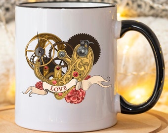 Steampunk Gear Heart Mug, 11oz White Mug with or without Black Trim,15oz White Mug with Black trim, Personalization Available