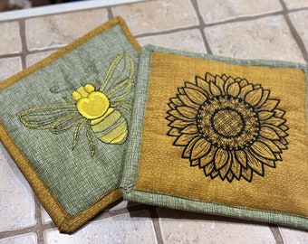 Potholder, Hot Pad, Furniture Protector, Kitchen Decor, Bee and Sunflower Theme, Insulated, Heat Resistant, Choice of different two designs