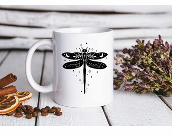 Dragonfly, Boho on Mug, 11oz Ceramic White Mug with or without Black Trim, 15oz White Mug with Black Trim, Personalization Available