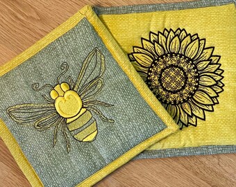 Potholder, Hot Pad, Furniture Protector, Kitchen Decor, Bee and Sunflower Theme, Insulated, Heat Resistant, Choice of two different designs